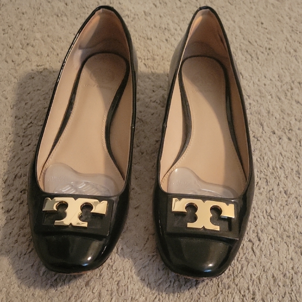 Tory Burch Black Patent Heels with Gold Logo